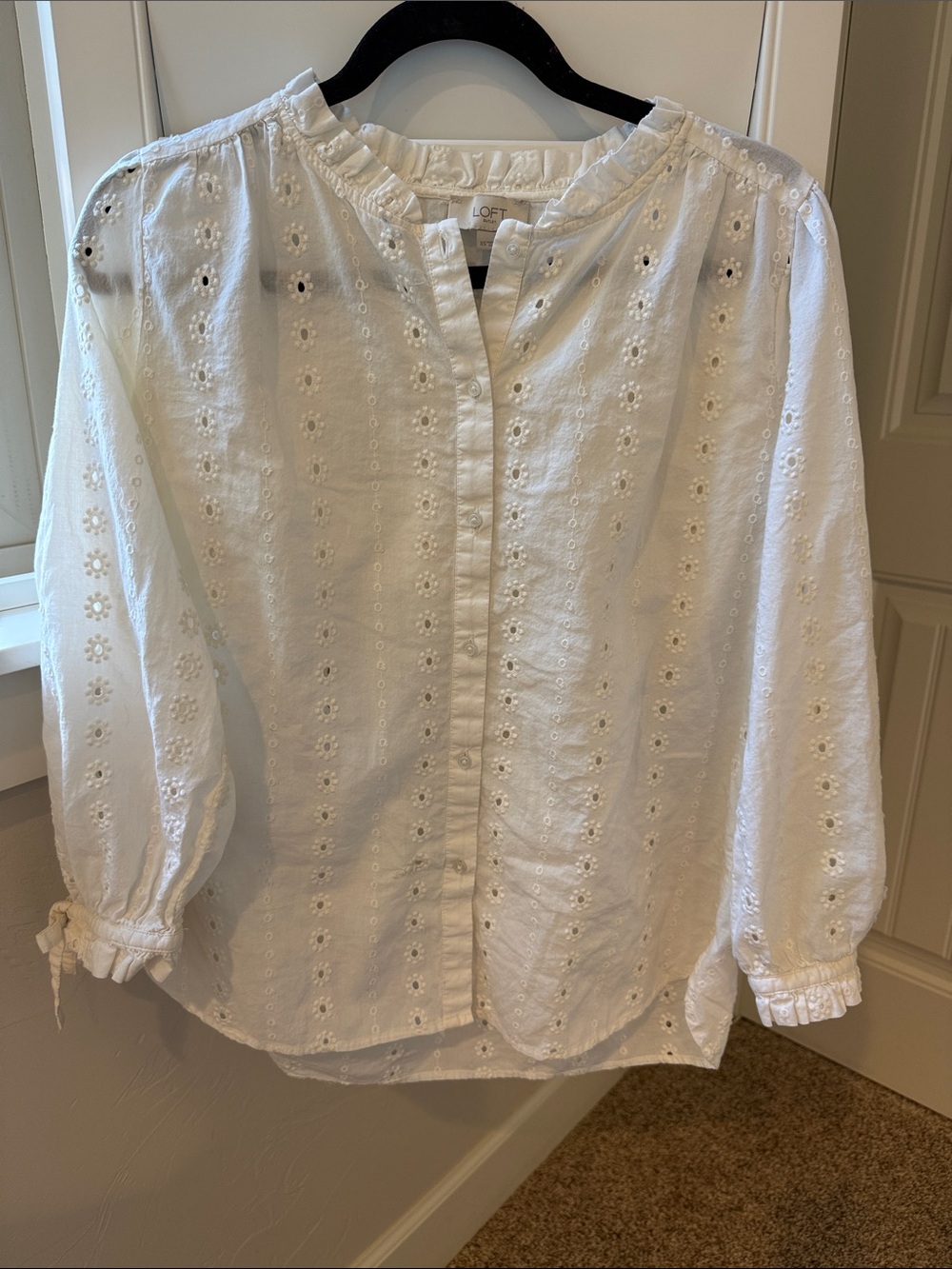 LOFT cotton cream floral Eyelet Button-Front Blouse